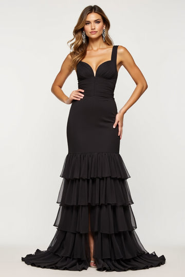 Black Mermaid Tiered Ruffled Prom Dress